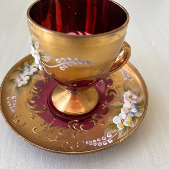 MURANO GLASS TEACUP SAUCER SET ITALY Venetian Hand Painted, Raised Floral Design - Picture 4 of 10